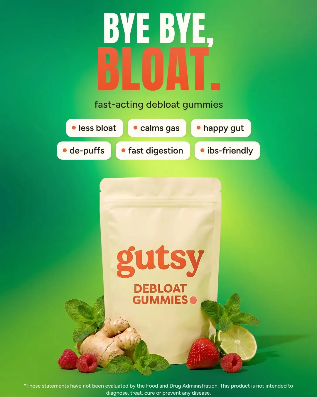 Gutsy Bye Bye Bloat bold supplement ad design by Kai